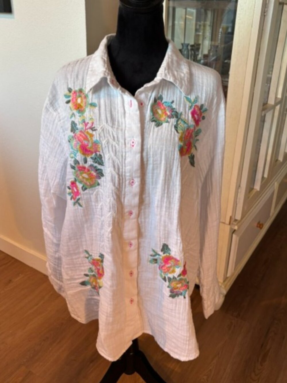 APNY White Embroidered Gauze Long Sleeve Boho CottageCore Top EUC XXL (2X)